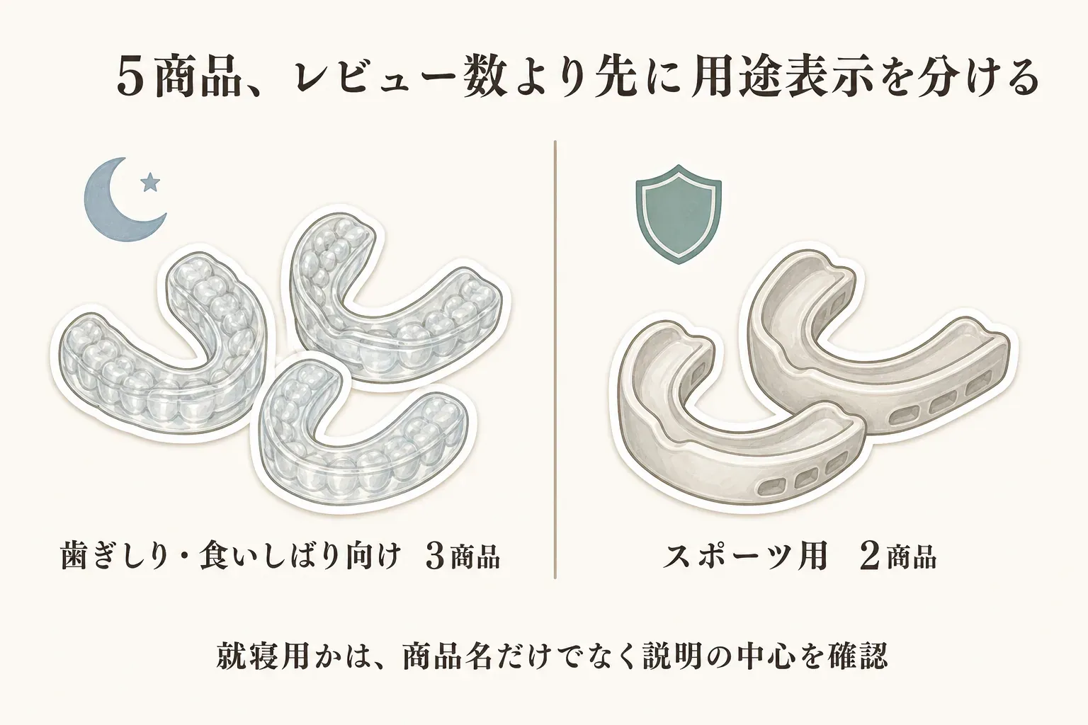 5商品の用途を左右に分けた図。歯ぎしり・食いしばり向け3商品とスポーツ用2商品を示し、就寝用候補は商品名だけでなく商品説明の中心を確認するよう案内している。