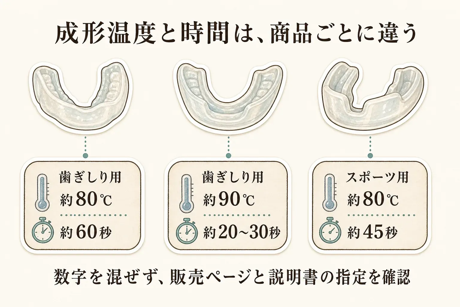 成形温度と時間が商品ごとに異なることを示す図。歯ぎしり用は約80℃・約60秒、別の歯ぎしり用は約90℃・約20〜30秒、スポーツ用は約80℃・約45秒で、数字を混ぜず販売ページと説明書の指定を確認するよう案内している。