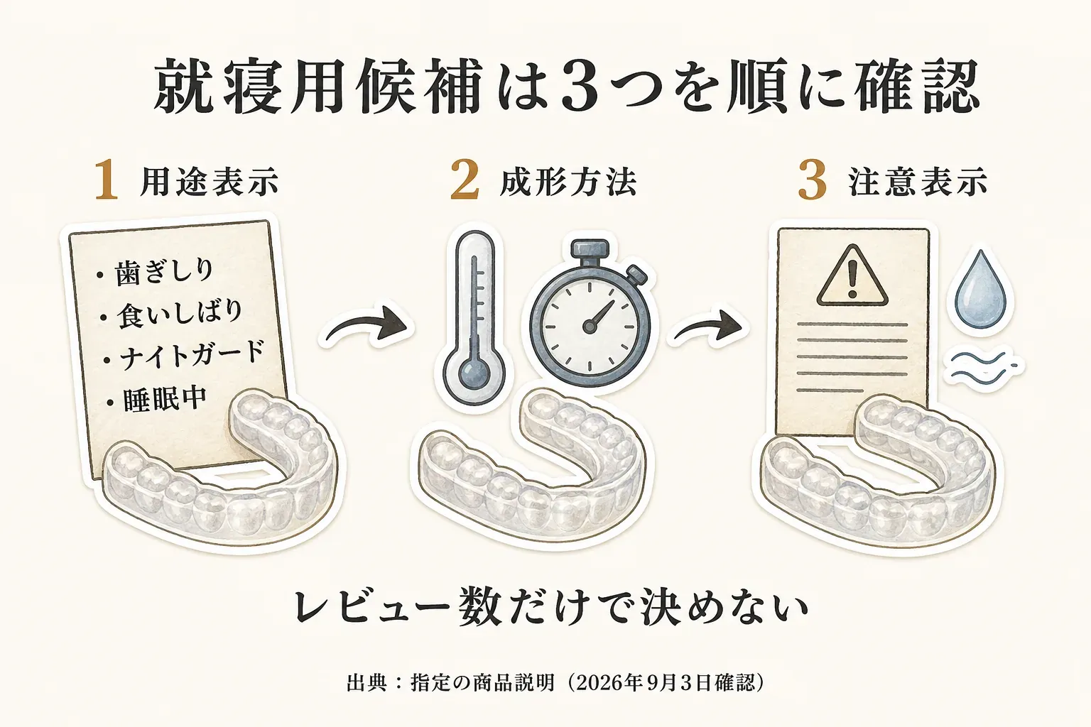 就寝用候補を確認する3つの順番を示す図。1は歯ぎしり・食いしばり・ナイトガード・睡眠中の用途表示、2は温度と時間を含む成形方法、3は使用前の洗浄、すすぎ、十分な乾燥、直射日光とお湯を避ける注意表示で、レビュー数だけで決めないことを案内している。出典：指定の商品説明（2026年9月3日確認）。
