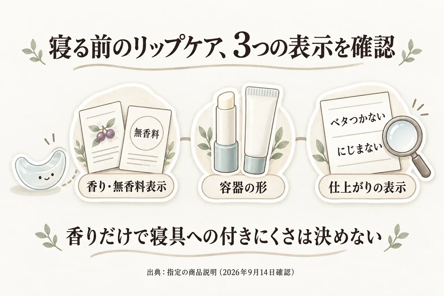 寝る前のリップケアで確認する3つの表示を示す図。香り・無香料表示、スティックやチューブなどの容器の形、「ベタつかない」「にじまない」といった仕上がりの表示を並べ、香りだけで寝具への付きにくさは決めないと案内している。出典：指定の商品説明（2026年9月14日確認）。