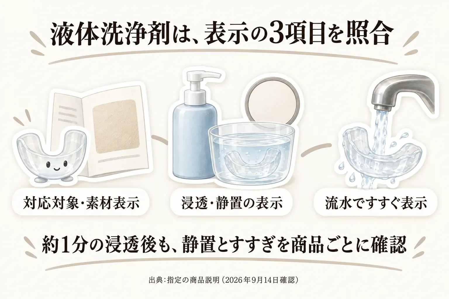 液体洗浄剤で照合する3項目を示す図。マウスピース本体の説明書にある対応対象・素材表示、洗浄剤での浸透・静置の表示、洗浄後に流水ですすぐ表示を順に描き、約1分の浸透後も商品ごとに静置とすすぎを確認するよう案内する。出典：指定の商品説明（2026年9月14日確認）。