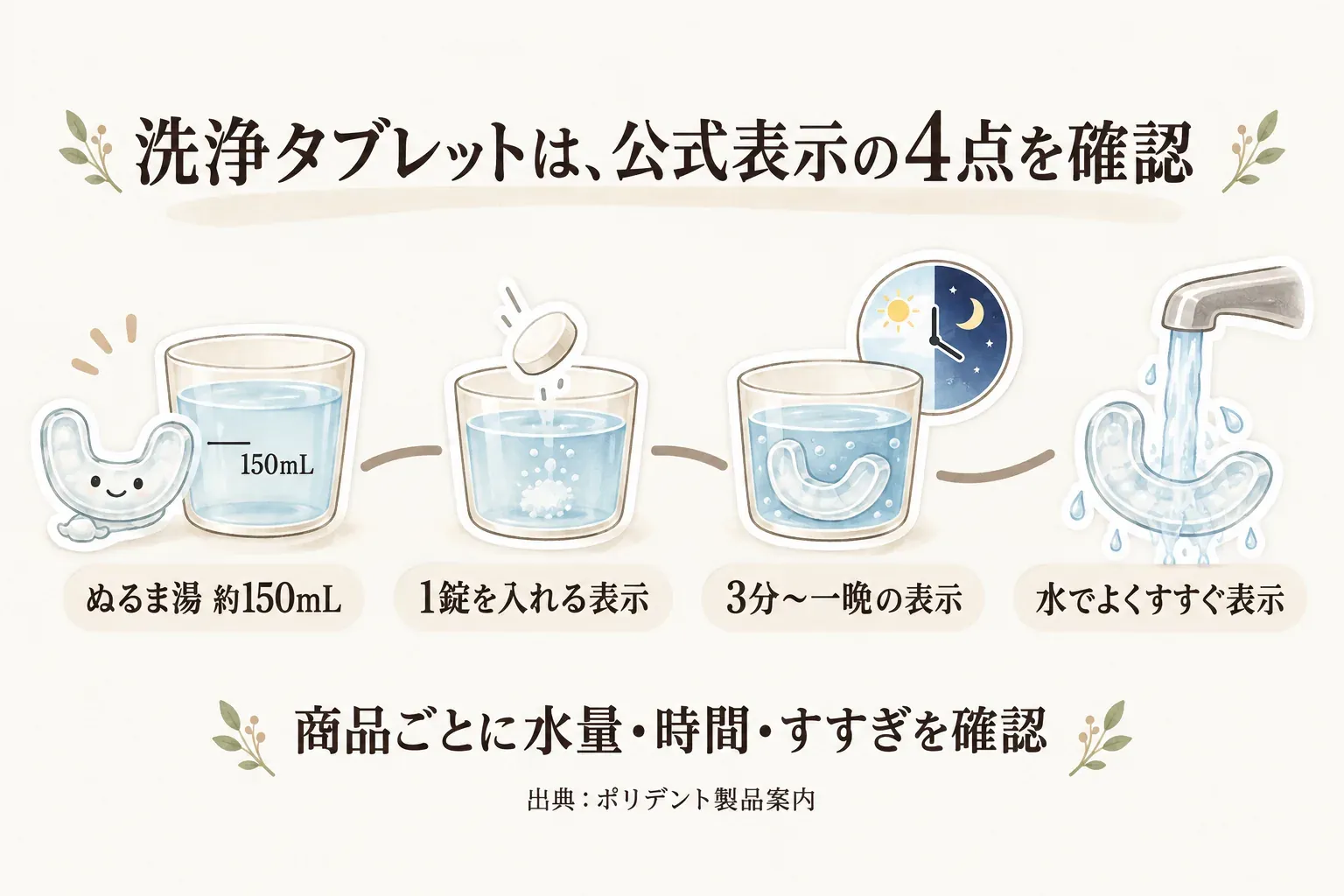 洗浄タブレットで公式表示を確認する4点を示す図。ぬるま湯約150mL、1錠を入れる、3分から一晩を目安に浸ける、水でよくすすぐというポリデント製品案内の手順を描き、商品ごとに水量・時間・すすぎの表示を確認するよう案内する。出典：ポリデント製品案内。