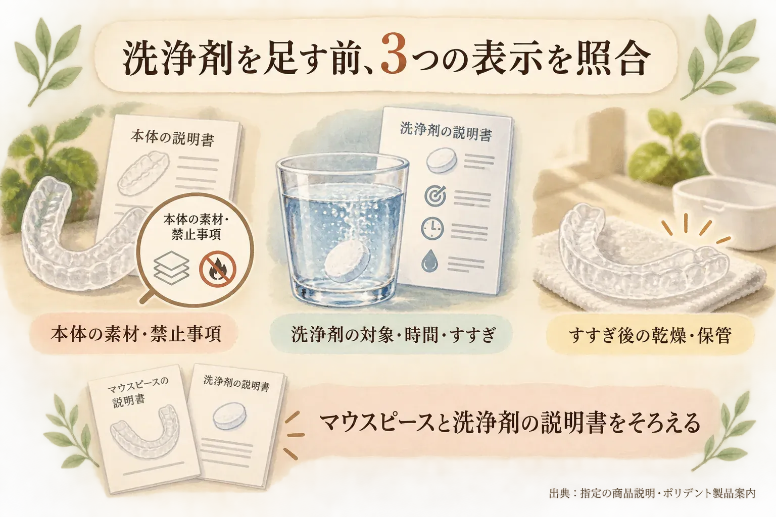 洗浄剤を足す前に照合する3つの表示を示す図。マウスピース本体の説明書で素材・禁止事項を確認し、洗浄剤の説明書で対応対象・時間・すすぎを確認し、すすぎ後の乾燥・保管まで確認する順を描く。マウスピースと洗浄剤の説明書をそろえるよう案内する。出典：指定の商品説明・ポリデント製品案内。