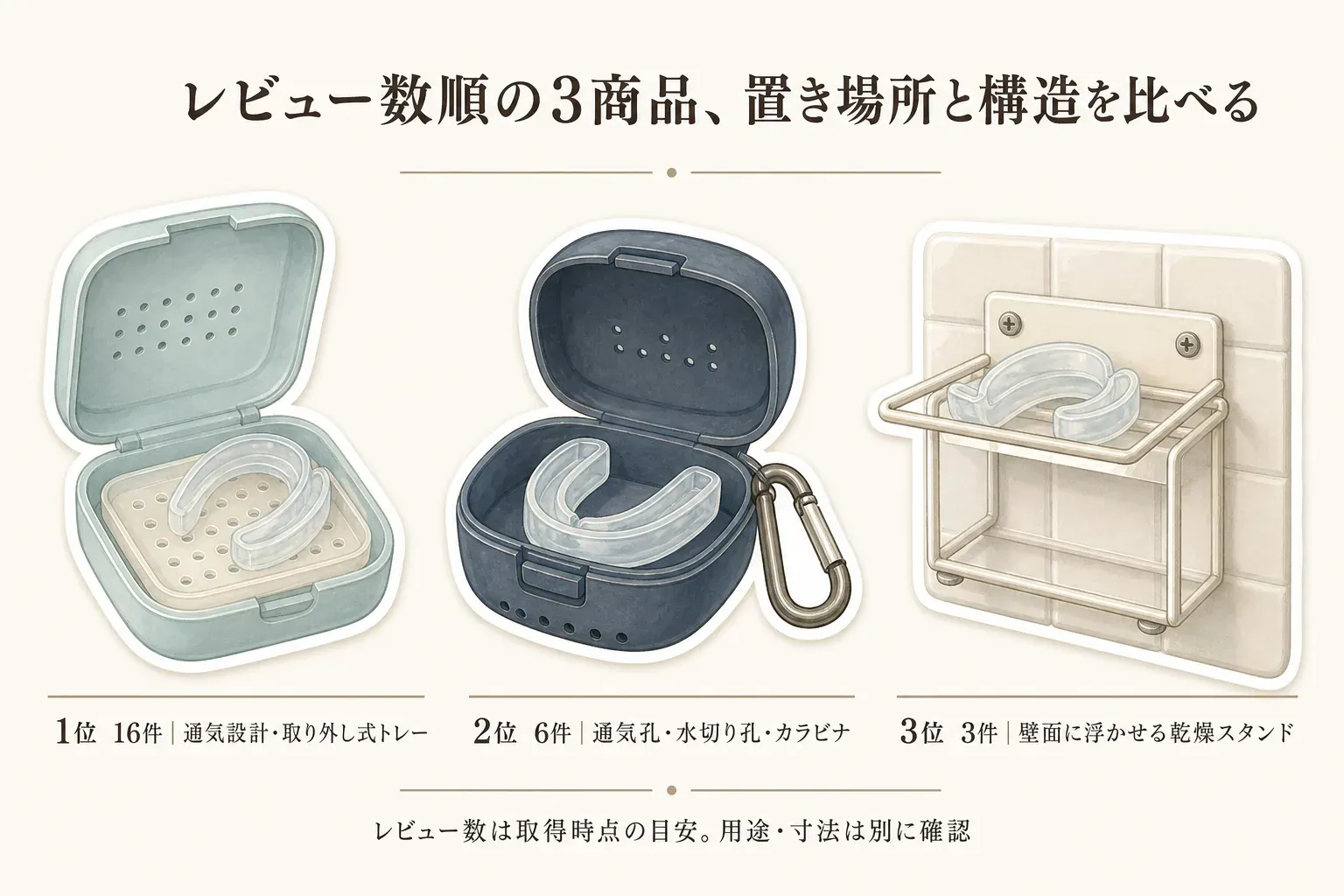 レビュー数順の3商品について、1位はレビュー16件の通気設計・取り外し式トレー付きケース、2位は6件の通気孔・水切り孔・カラビナ付きケース、3位は3件の壁面に浮かせる乾燥スタンドとして、置き場所と構造を比較する図。レビュー数は取得時点の目安で、用途と寸法は別に確認するよう示している。