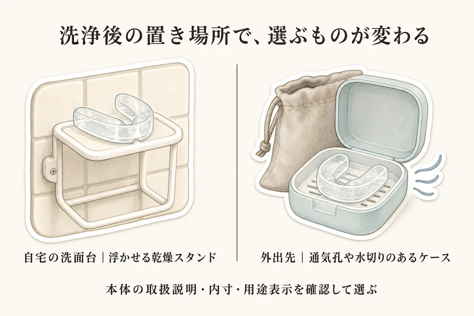 洗浄後のマウスピースの置き場所による選び方を示す図。自宅の洗面台では壁面に浮かせる乾燥スタンド、外出先では通気孔や水切りのあるケースを選ぶ場面を描き、本体の取扱説明、ケース内寸、用途表示を確認して選ぶよう示している。