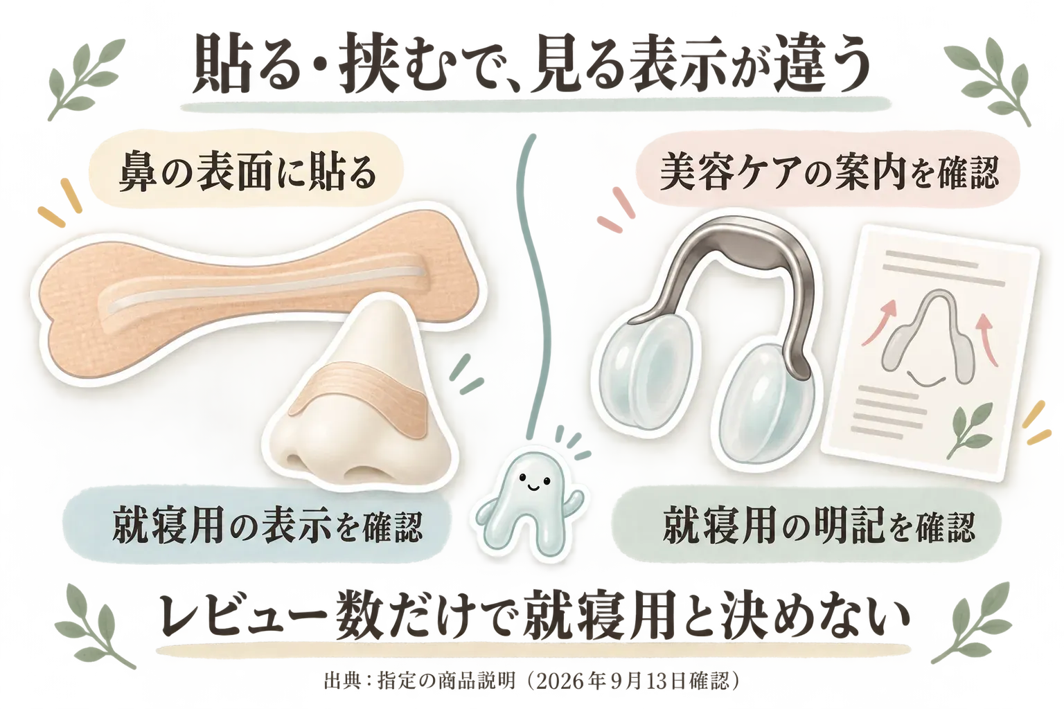 鼻の表面に貼る鼻腔拡張テープと、鼻を挟むノーズクリップの案内を対比した図。テープは就寝用の表示を、ノーズクリップは美容ケアの案内と就寝用の明記を確認し、レビュー数だけで就寝用と決めないことを示している。出典：指定の商品説明（2026年9月13日確認）。