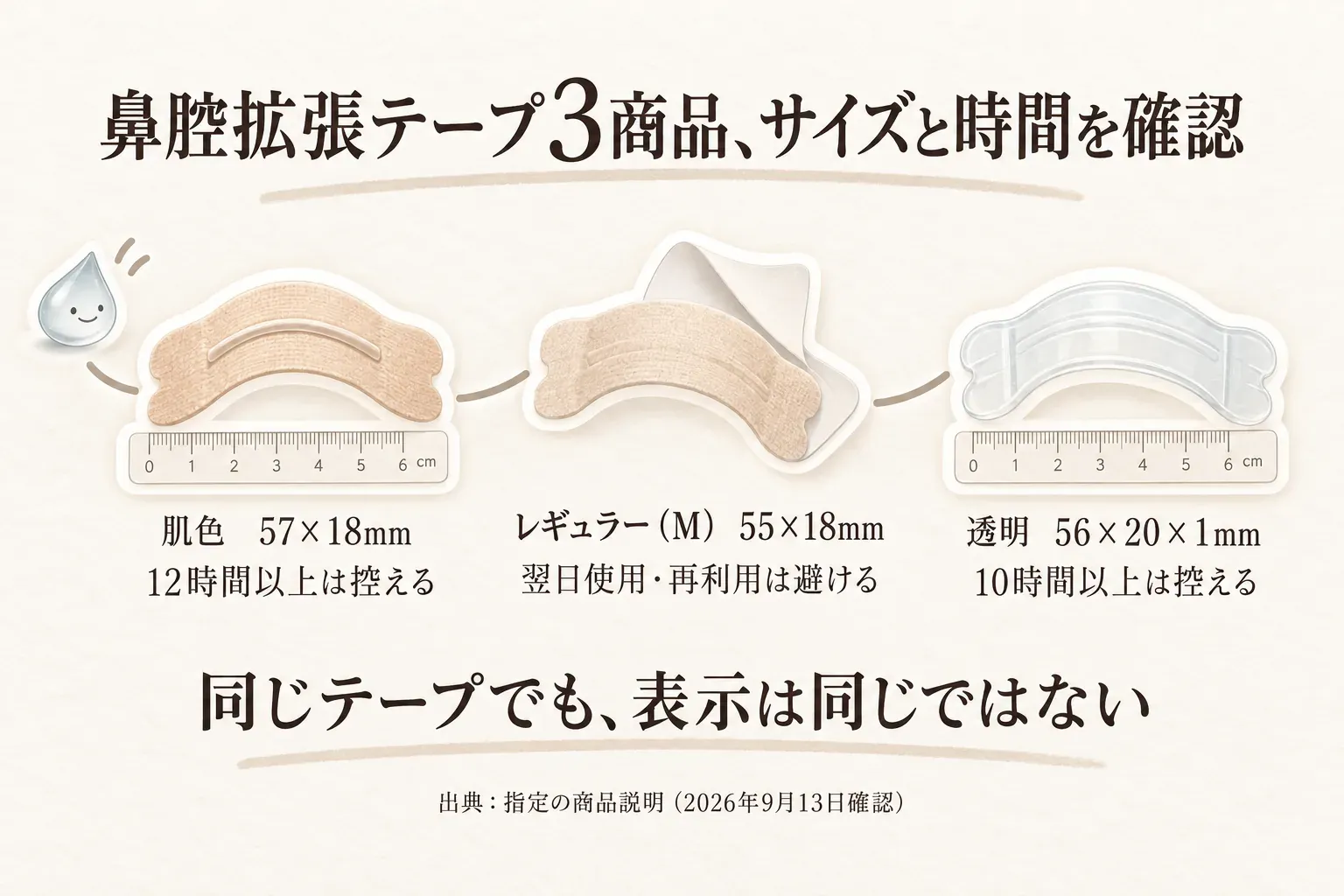 鼻腔拡張テープ3商品のサイズと使用時間・再利用表示を並べた図。肌色120枚は57×18mmで12時間以上を控える、レギュラー（M）は55×18mmで翌日使用・再利用を避ける、透明50枚は56×20×1mmで10時間以上を控えると示し、同じテープでも表示が異なることを表している。出典：指定の商品説明（2026年9月13日確認）。