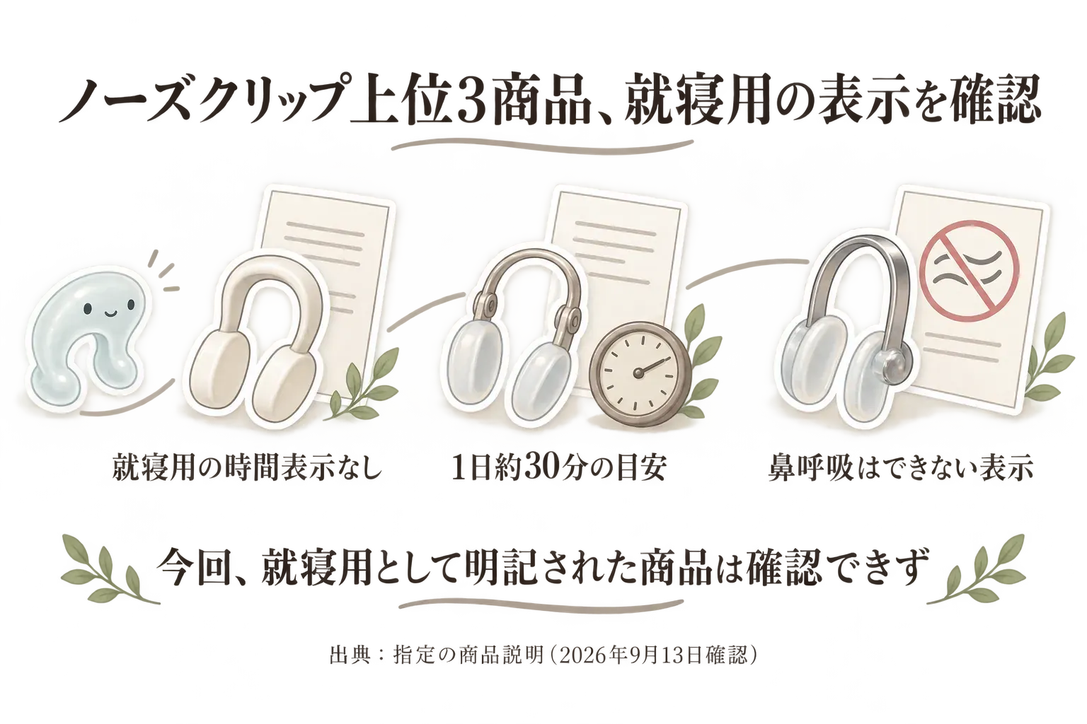 ノーズクリップ3商品の就寝用表示を確認する図。1商品は就寝用の時間表示なし、1商品は1日約30分の目安、1商品は鼻呼吸ができない表示を示し、今回の3商品に就寝用として明記されたものがないことを表している。出典：指定の商品説明（2026年9月13日確認）。