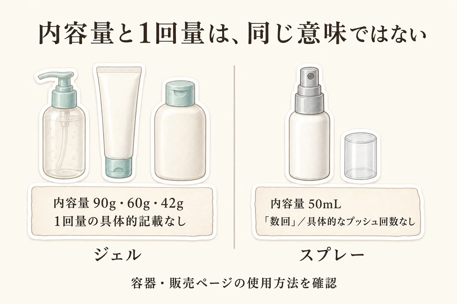 内容量と1回量が同じ意味ではないことを示す図。ジェル3商品は内容量90g・60g・42gで1回量の具体的な記載がなく、スプレーは内容量50mLで使用量は「数回」、具体的なプッシュ回数は記載がないことを示し、容器と販売ページの使用方法を確認するよう案内している。