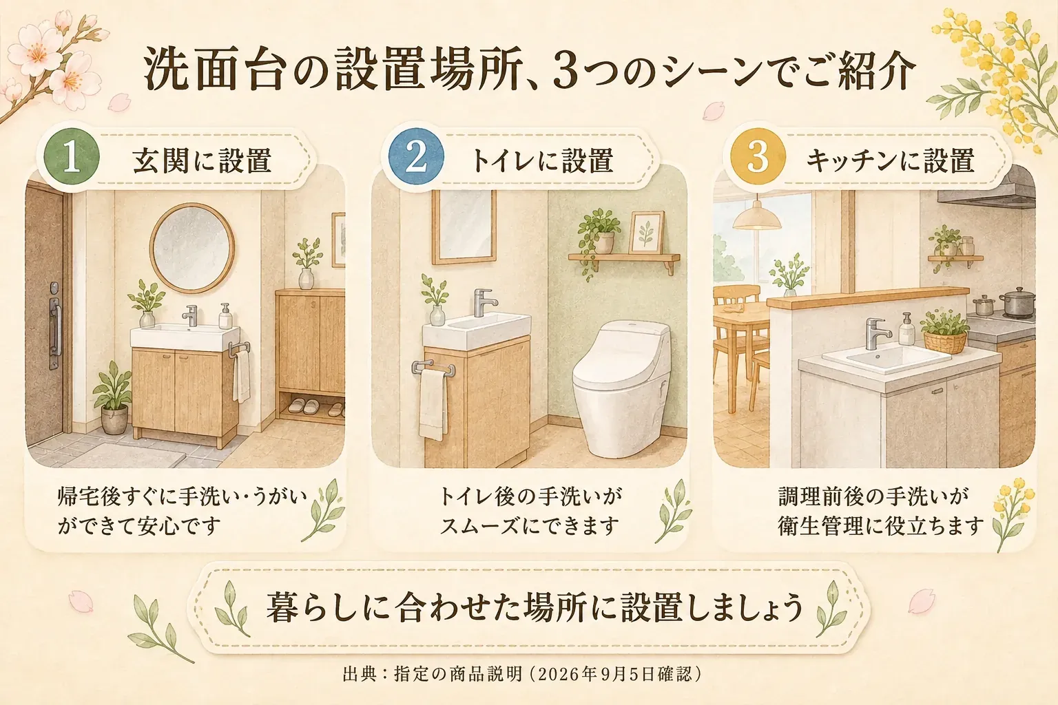 洗面台を玄関、トイレ、キッチンに設置した3つの場面を示す図。玄関では帰宅後すぐの手洗い・うがい、トイレでは使用後の手洗い、キッチンでは調理前後の手洗いに触れ、暮らしに合わせて設置場所を選ぶよう案内している。出典：指定の商品説明（2026年9月5日確認）。