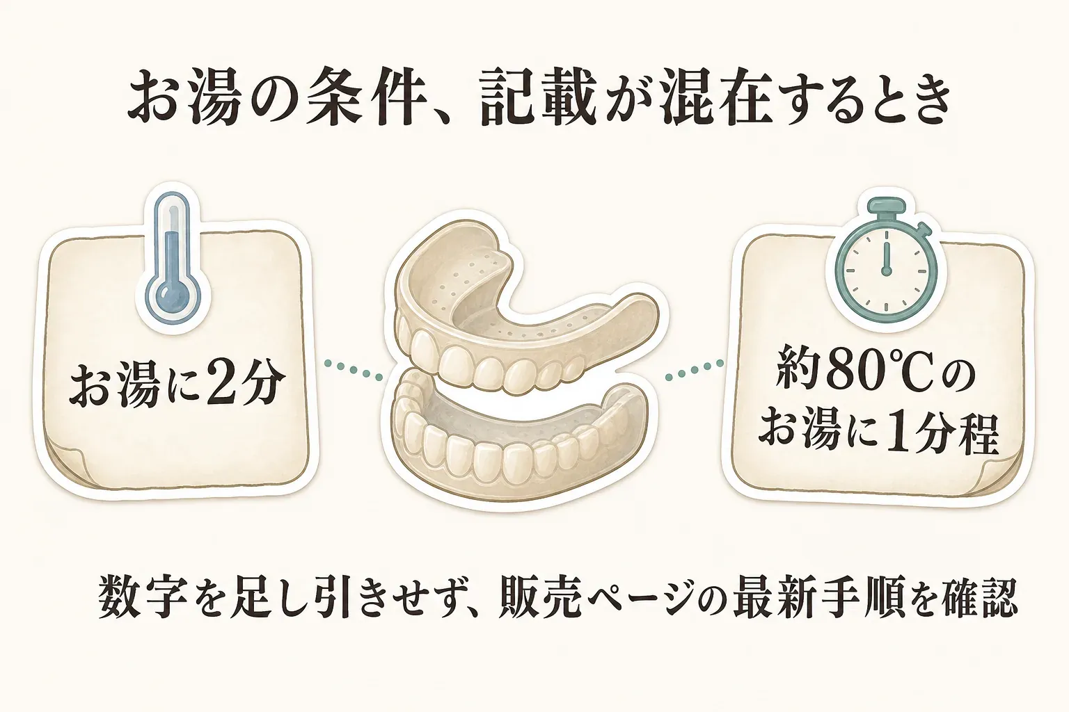お湯の条件の記載が混在する例を示す図。上歯・下歯セットの商品説明に「お湯に2分」と「約80℃のお湯に1分程」の両方の記載があり、数字を足し引きせず販売ページの最新手順を確認することを表している。