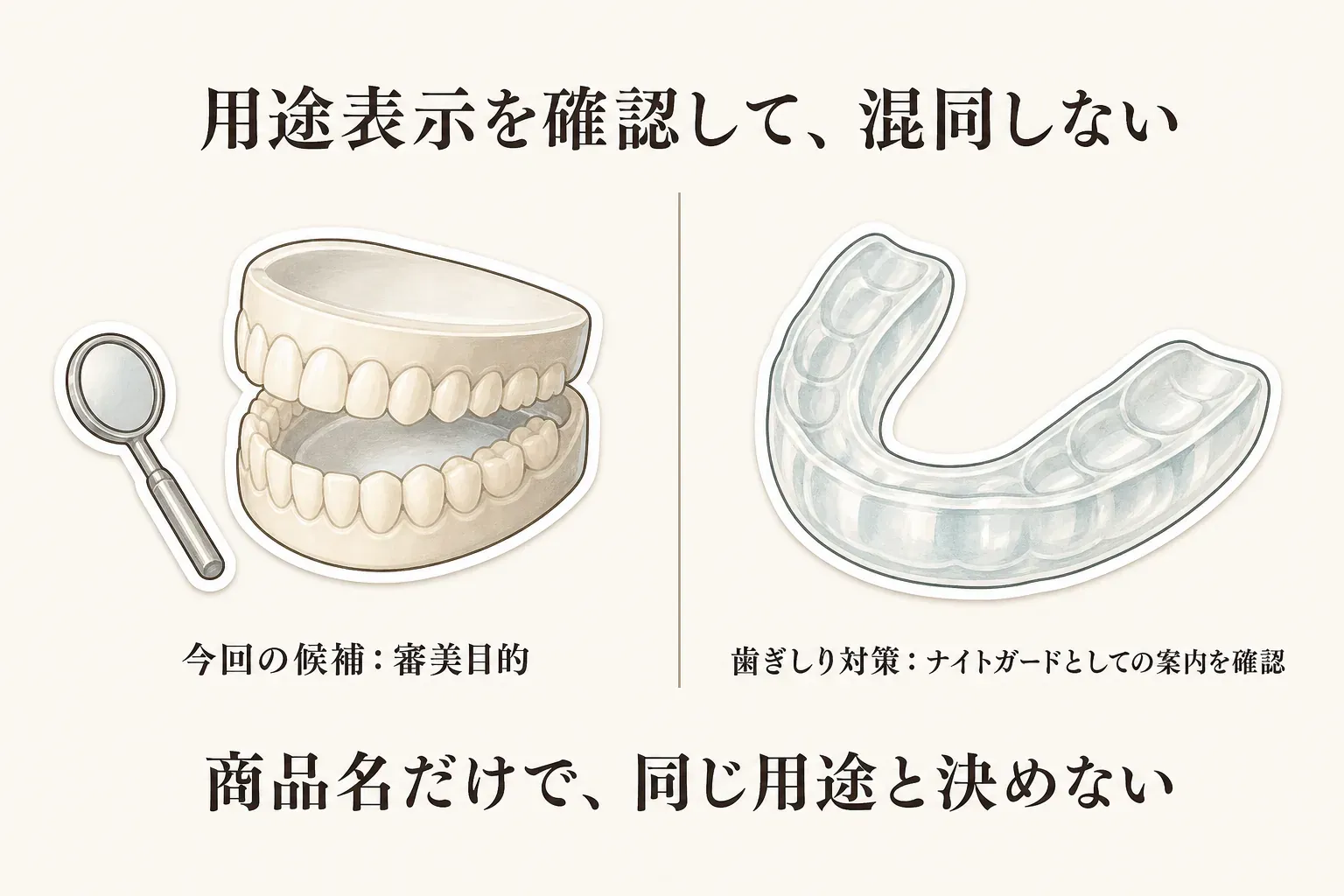 用途表示を確認して混同しないための図。今回の候補は審美目的である一方、歯ぎしり対策ではナイトガードとして案内された商品かを確認し、商品名だけで同じ用途と決めないことを示している。