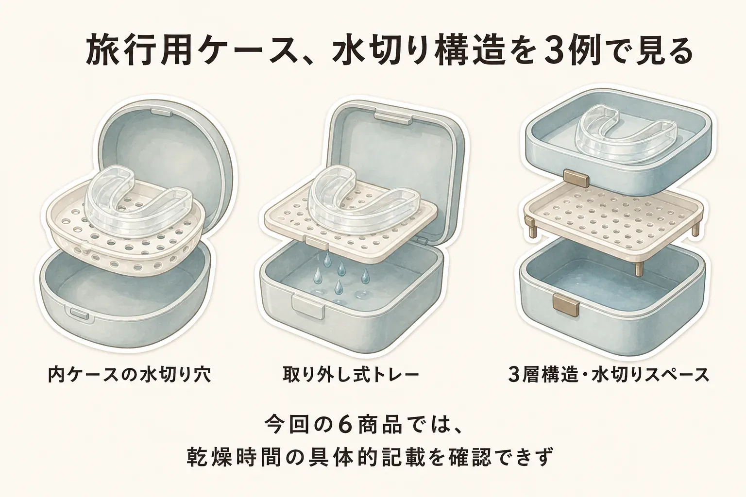 旅行用マウスピースケースの水切り構造を3例で比較する図。内ケースの水切り穴、取り外し式トレー、3層構造の水切りスペースを示し、今回の6商品では具体的な乾燥時間の記載を確認できなかったことを表している。