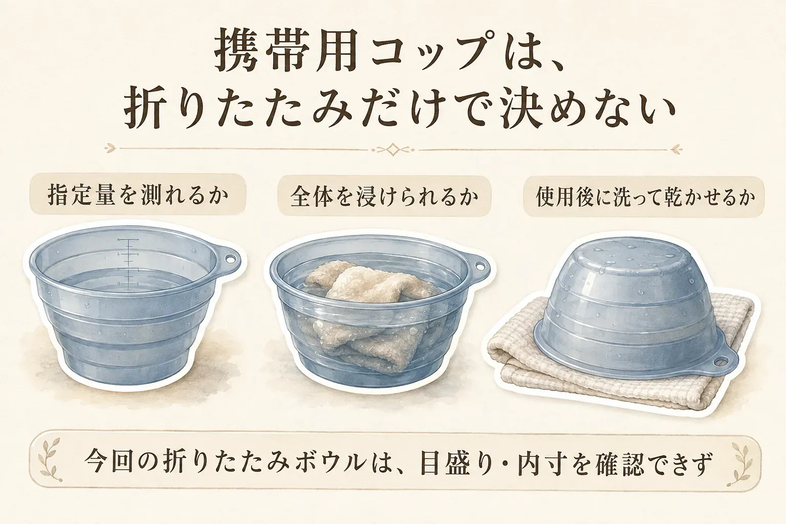 携帯用コップを選ぶ際の確認点を示す図。指定量を測れる目盛りがあるか、マウスピース全体を浸けられるか、使用後に洗って乾かせるかを確認し、今回の折りたたみボウルは目盛りと内寸を確認できないことを示している。出典：記事内で確認した商品説明。